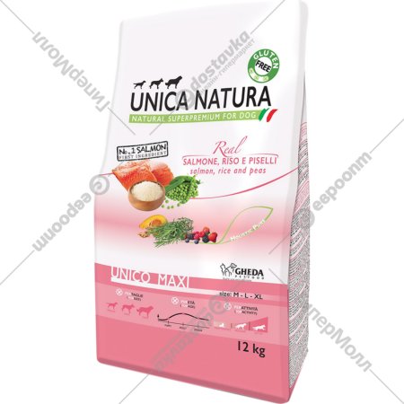 Корм для собак «Gheda Petfood» Unica Natura Maxi, лосось/рис, 12 кг