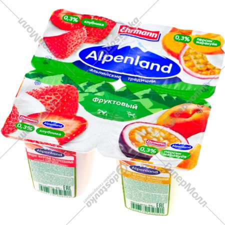 Йогуртный продукт «Ehrmann» Аlpenland, клубника, персик-маракуйя, 0.3%, 95 г