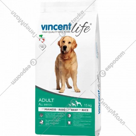 Корм для собак «Vincent» Life Adult, Beef&Rice, 15 кг