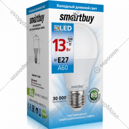 Светодиодная лампа «Smartbuy» A60, 13W, 6000K, холодный белый свет
