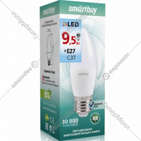 Светодиодная лампа «Smartbuy» C37, 9,5W, 4000K, E27, дневной белый свет.