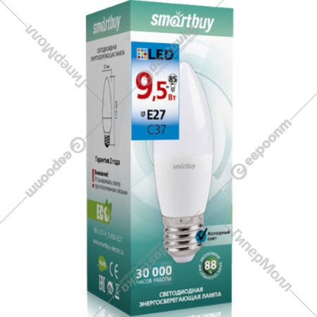 Светодиодная лампа «Smartbuy» C37, 9,5W, 6000K, E27, холодный белый свет.