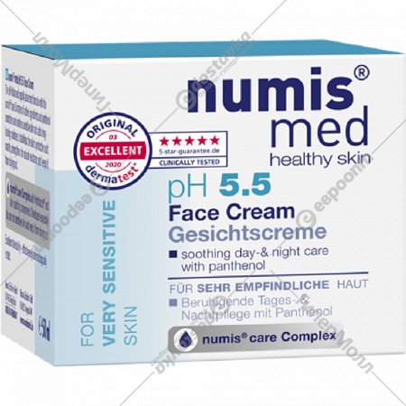 Крем для лица «Numis Med» pH 5.5, успокаивающий, день-ночь, для чувствительной кожи, с пантенолом, 40213070, 50 мл