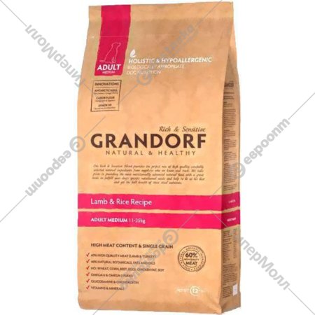 Корм для собак «Grandorf» Lamb&Rice Medium, низкозерновой, 12 кг