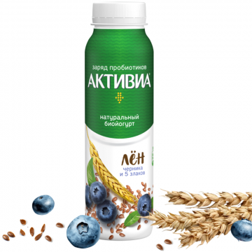 Биойогурт питьевой «Активиа» с черникой, злаками и семенами льна, 2.1%, 260 г