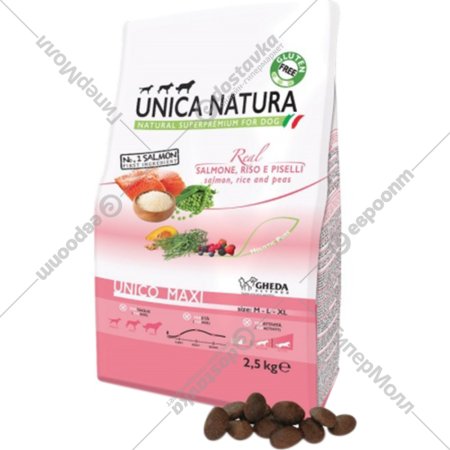 Корм для собак «Unica» Natura, 2311, для собак крупных пород, семга, рис и горох, 2.5 кг