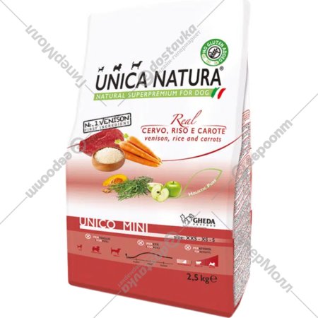 Корм для собак «Unica» Natura, 2808, для собак мелких пород, оленина, рис и морковь, 2.5 кг