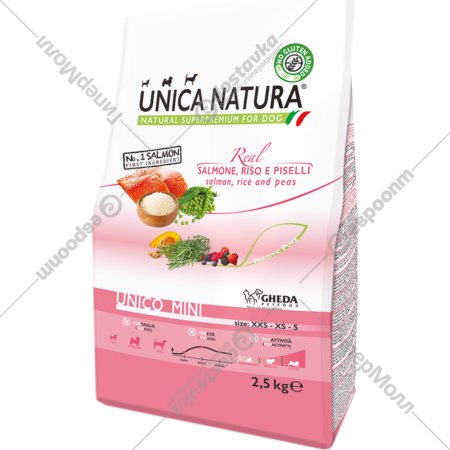 Корм для собак «Unica» Natura, 2315, для собак мелких пород, семга, рис и горох, 2.5 кг