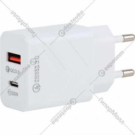 Сетевое зарядное устройство «Intro» CC290, Б0056121, USB + Type-C, быстрая зарядка, QC 3.0 + PD 20W, белый