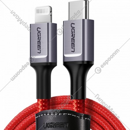 Кабель «Ugreen» Type-C Male to lightning Male Cable Alu Case Braided, US298, red, 20309, 1 м