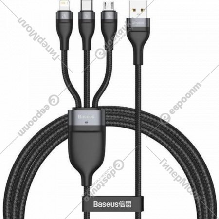 Кабель «Baseus» Flash, One-for-three Fast Charging Data USB to M+L+C 66W, Gray+Black, CA1T3-G1, 1.2 м