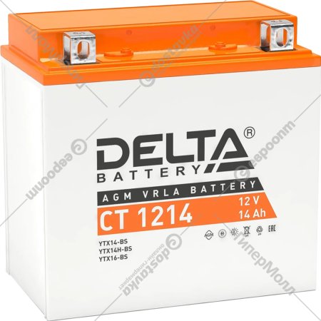 Мотоаккумулятор «Delta» AGM СТ 1214, YTX14-BS, YTX14H-BS, YTX16-BS, YB16B-A, 14 А/ч