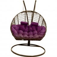 Кресло подвесное «Craftmebel» Кокон Двойной Премиум Кольца, коричневый/подушка фиолетовая