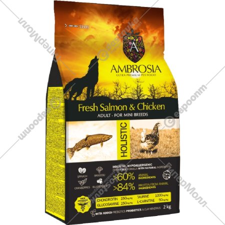 Корм для собак «Ambrosia» Grain Free, для мелких пород, лосось/курица, 2 кг