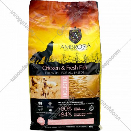 Корм для щенков «Ambrosia» Grain Free, для всех пород, курица/рыба, 6 кг
