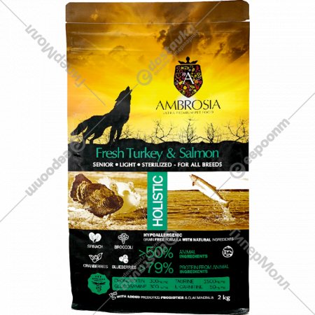Корм для собак «Ambrosia» Grain Free, для пожилых с избыточным весом, индейка/лосось, 2 кг