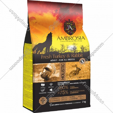 Корм для собак «Ambrosia» Grain Free, для всех пород, индейка/кролик, 2 кг