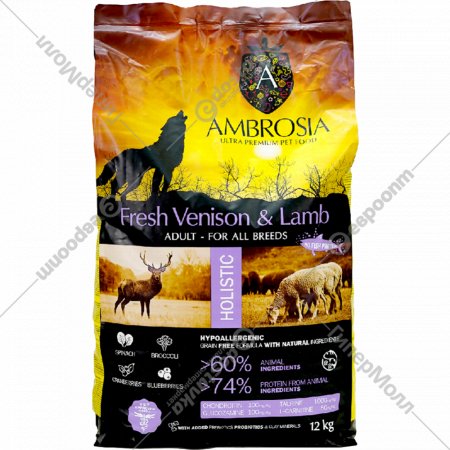 Корм для собак «Ambrosia» Grain Free, для всех пород, оленина/ягненок, 12 кг