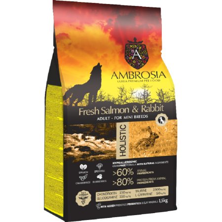 Корм для собак Ambrosia Grain Free, для мелких пород, лосось/кролик, 1.5 кг