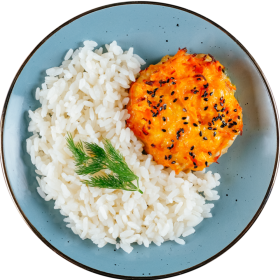 Биточек из птицы с морковью по-корейски с рисом на пару замороженная 1/120/150