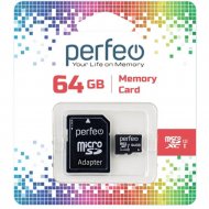 Карта памяти «Perfeo» microSDXC 64GB High-Capacity Class 10 UHS-1 + адаптер, PF64GMCSX10U1A