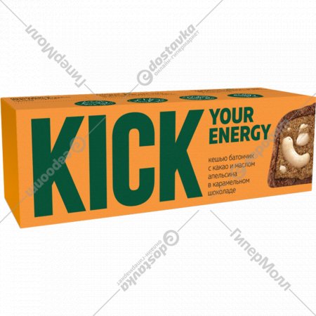 Батончик «Kick» кешью с какао и маслом апельсина в карамельном шоколаде, 45 г