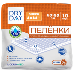 Пеленки гигиенические одноразовые «Modum» Dry Day, Super, детские, 60х90 см, 10 шт