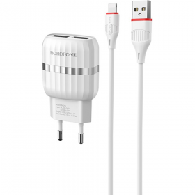 Се­те­вое за­ряд­ное устрой­ство «Borofone» BA24A + AM-8pin Lightning,белый, 1 м
