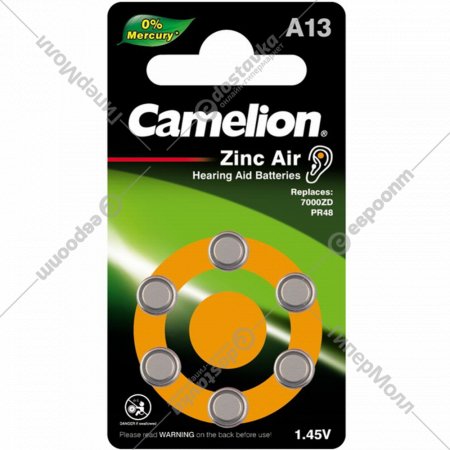 Комплект батареек «Camelion» Mercury Free, ZA13 BP6, 1.4V, 12824, 6 шт