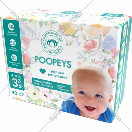Подгузники детские «Poopeys» размер Midi, 4-9 кг, 40 шт
