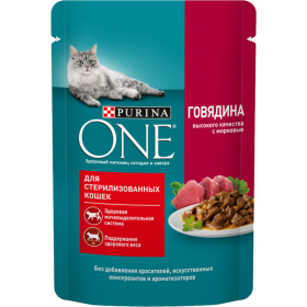 Корм для кошек «Purina One» для сте­ри­ли­зо­ван­ных, с го­вя­ди­ной, 75 г