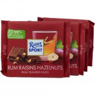 Шоколад «Ritter Sport» молочный, ямайский ром, изюм и орехи, 100 г