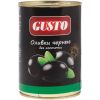 

Оливки черные "GUSTO" (б/к, ж/б) 390г