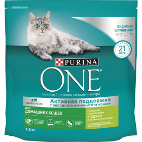 Корм для кошек «Purina One» с ин­дей­кой и цель­ны­ми зла­ка­ми, 1.5 кг