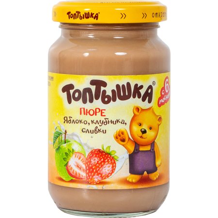 Пюре фруктово-ягодное Топтышка из яблок, клубники и сливками, 190 г