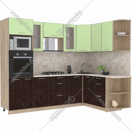Готовая кухня «Интерлиния» Мила 1.68х2.6 PR, салатовый/дуб венге