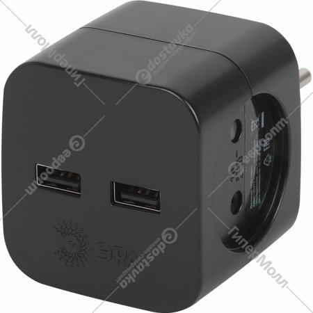 Электрический разветвитель «ЭРА» SP-2-USB-B, Б0049535, черный