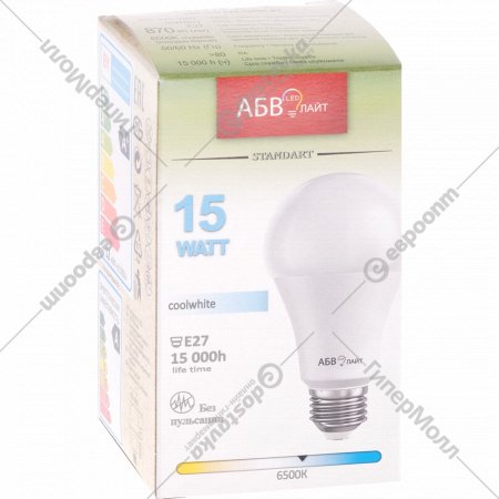 Лампа светодиодная «АБВ» LED, A60, 15W, E27, 6500К