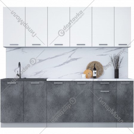 Готовая кухня «Интерлиния» Мила Лайт 2.3, белый платинум/бетон портленд/белый гранит