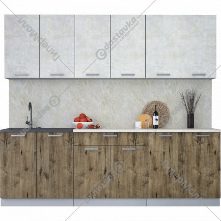 Готовая кухня «Интерлиния» Мила Лайт 2.4, бетон лайт/дуб веллингтон/опал светлый