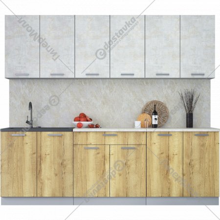 Готовая кухня «Интерлиния» Мила Лайт 2.4, бетон лайт/дуб золотой/опал светлый