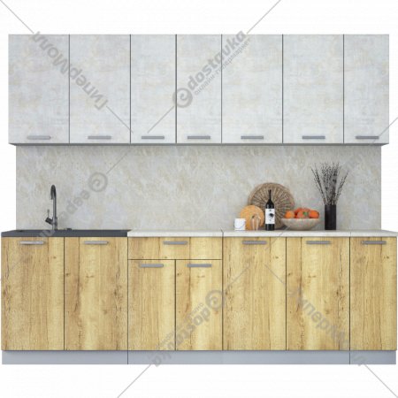 Готовая кухня «Интерлиния» Мила Лайт 2.5, бетон лайт/дуб золотой/опал светлый