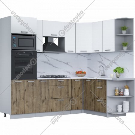 Готовая кухня «Интерлиния» Мила Лайт 1.68х2.4 (PR), белый платинум/дуб веллингтон/белый гранит