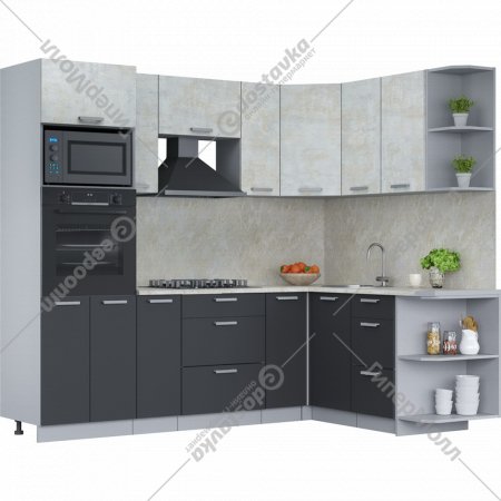Готовая кухня «Интерлиния» Мила Лайт 1.68х2.4 (PR), бетон лайт/антрацит/опал светлый