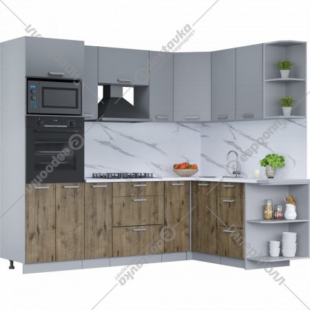 Готовая кухня «Интерлиния» Мила Лайт 1.68х2.4 (PR), серебро/дуб веллингтон/белый гранит