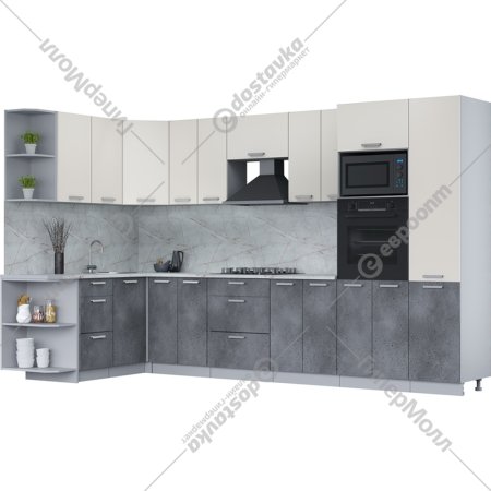 Готовая кухня «Интерлиния» Мила Лайт 1.88х2.4 (LV), персидский жемчуг/бетон портленд/серый каспий