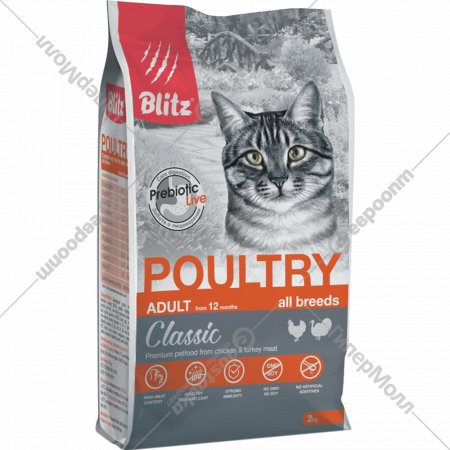 Корм для кошек «Blitz» Adult Cats Poultry, 4355, для взрослых кошек, курица и индейка, 2 кг