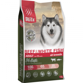 Корм для собак «Blitz» Adult Beef&White Fish, 4259, беззерновой, для взрослых собак, говядина и белая рыба, 1.5 кг