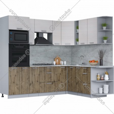 Готовая кухня «Интерлиния» Мила Лайт 1.88х2.4 (PR), вудлайн кремовый/дуб веллингтон/серый каспий