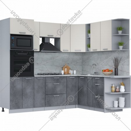 Готовая кухня «Интерлиния» Мила Лайт 1.88х2.4 (PR), персидский жемчуг/бетон портленд/серый каспий